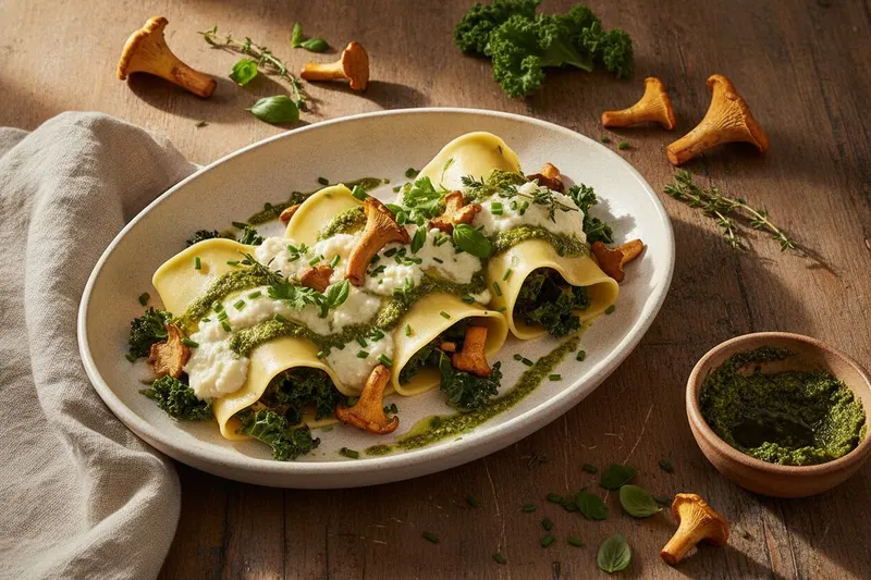 Avoin lasagne kantarelleilla ja gruyère-juustolla