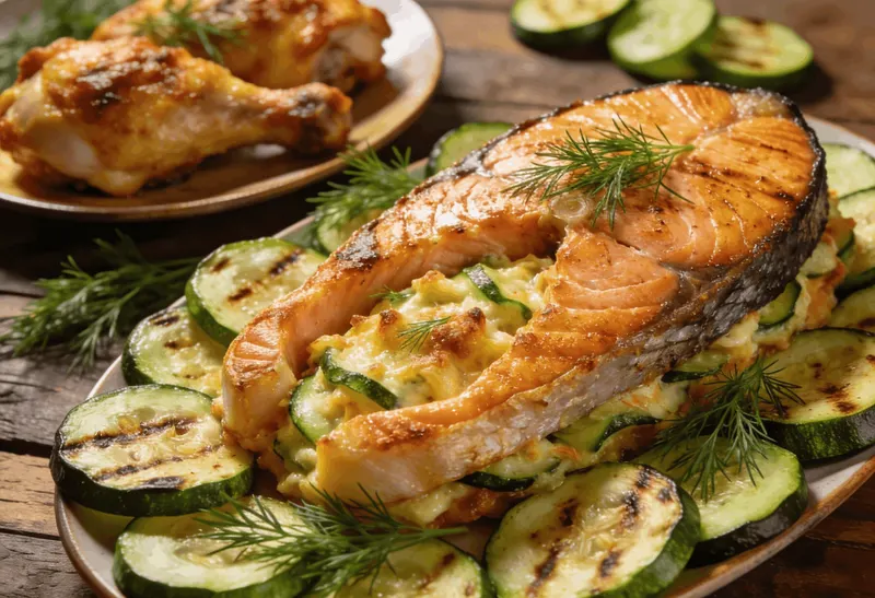Uunissa paistettu lohi ja kesäinen zucchinigratiini