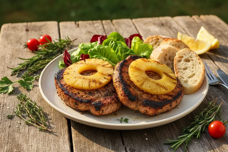 Grillattua kaslerpihviä ja karamellisoitua ananasta