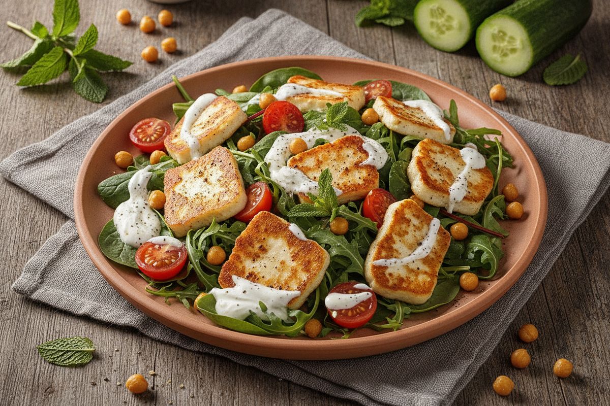 Halloumi-salaatti tzatziki-kastikkeella