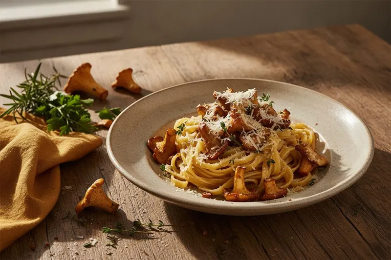 Kantarellipasta ruskistetulla voilla