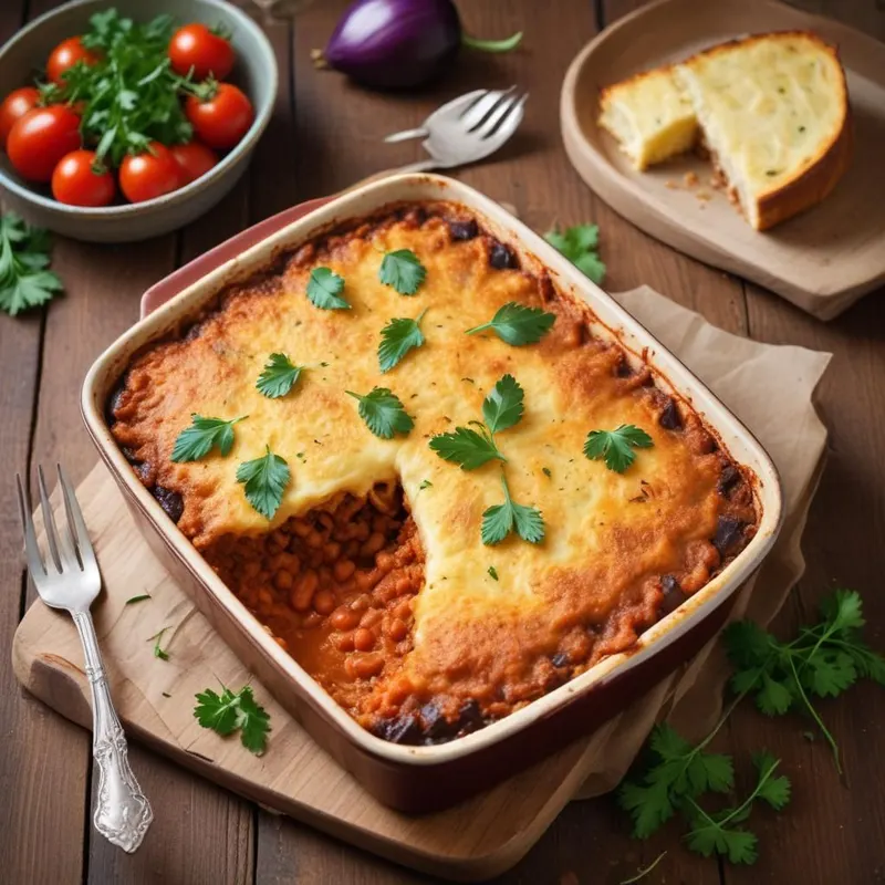 Kasvismoussaka punaisilla linsseillä ja munakoisolla