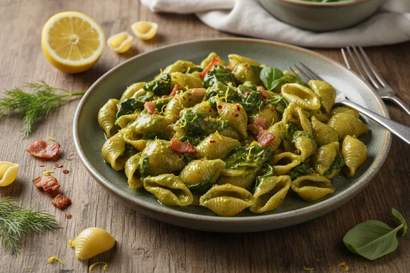 Pinaatti-pekonipasta