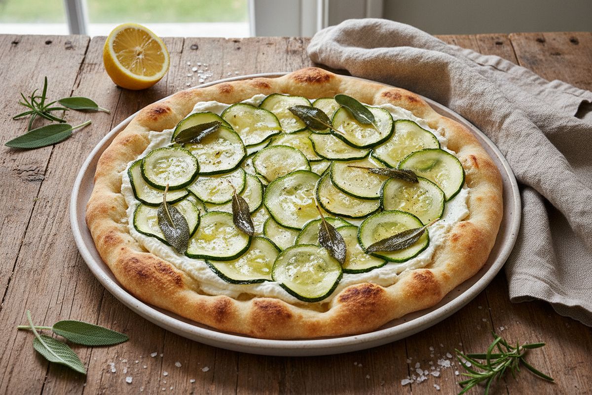 Kesäkurpitsa-flatbread tuorejuustokastikkeella ja salvialla