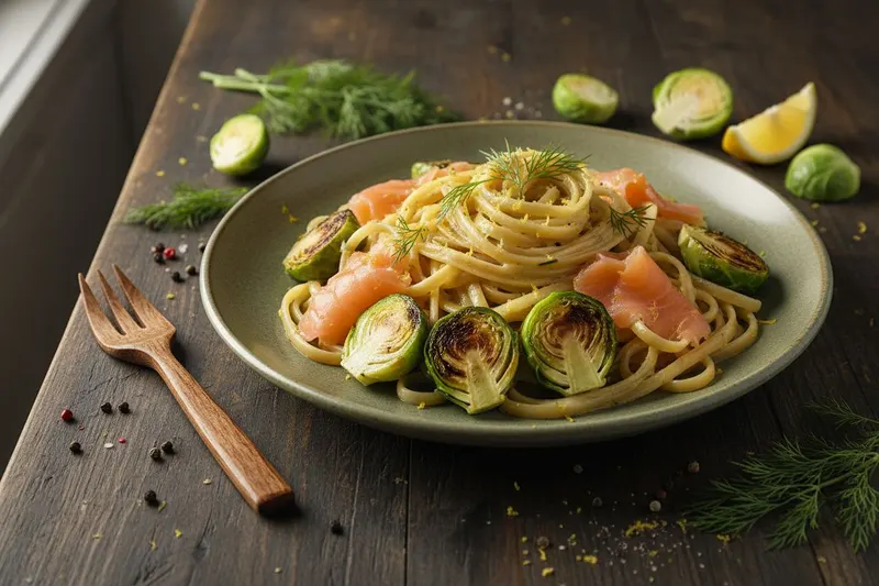 Kylmäsavulohipasta ruusukaaleilla