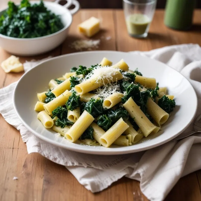 Lehtikaali-pasta valkosipulikastikkeella