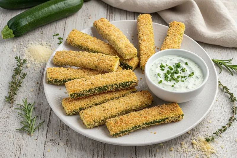 Parmesaanikuorrutetut kesäkurpitsatikut
