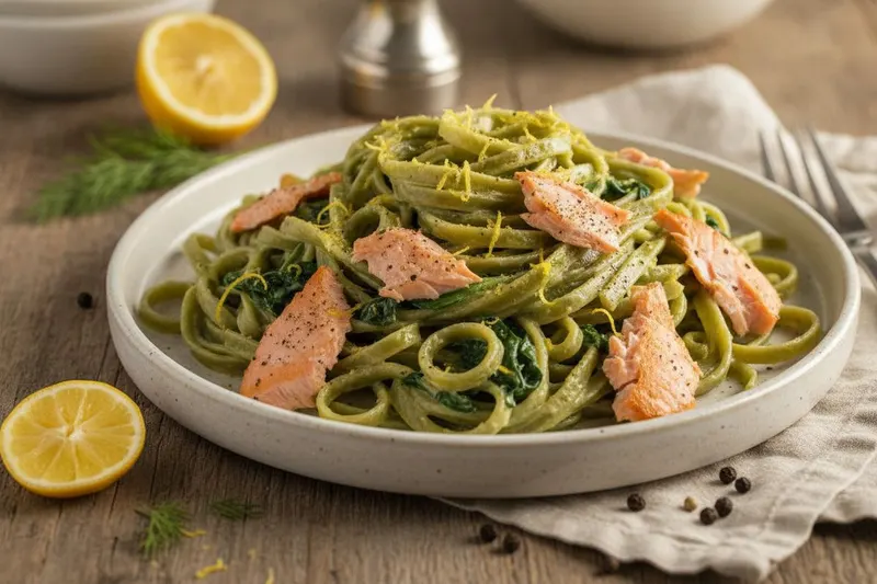 Pinaatti-savulohipasta sitruunakastikkeella
