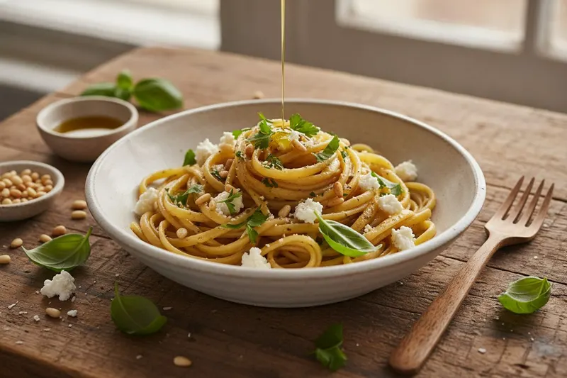 Vuohenjuusto-yrttipasta